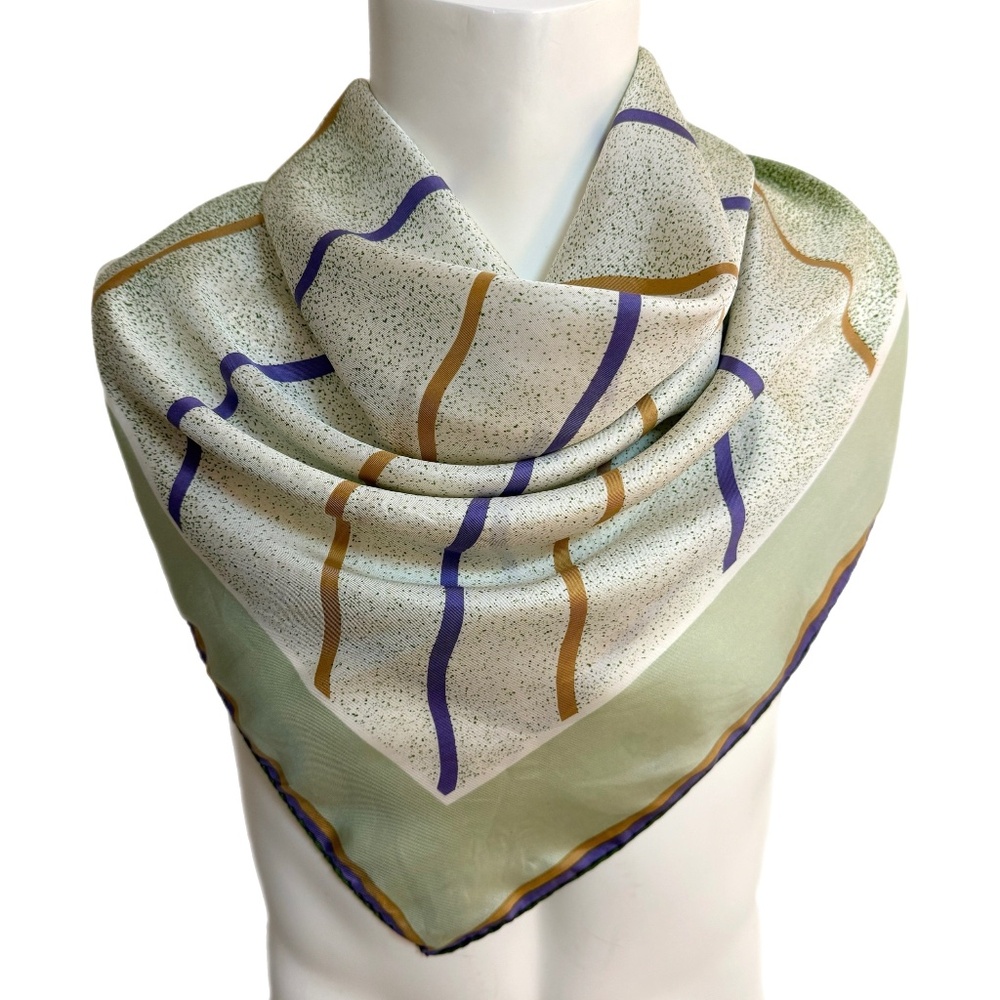 Triangle Vintage Silk Scarf – Green, Purple & Gold Stripes – 31” Square